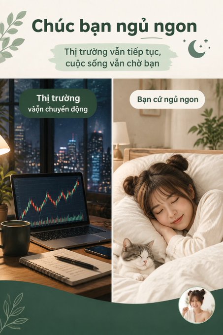 A graphic with Vietnamese text 'Chúc bạn ngủ ngon' (Good night) showing a split image of a laptop displaying stock charts and a girl sleeping with a cat.