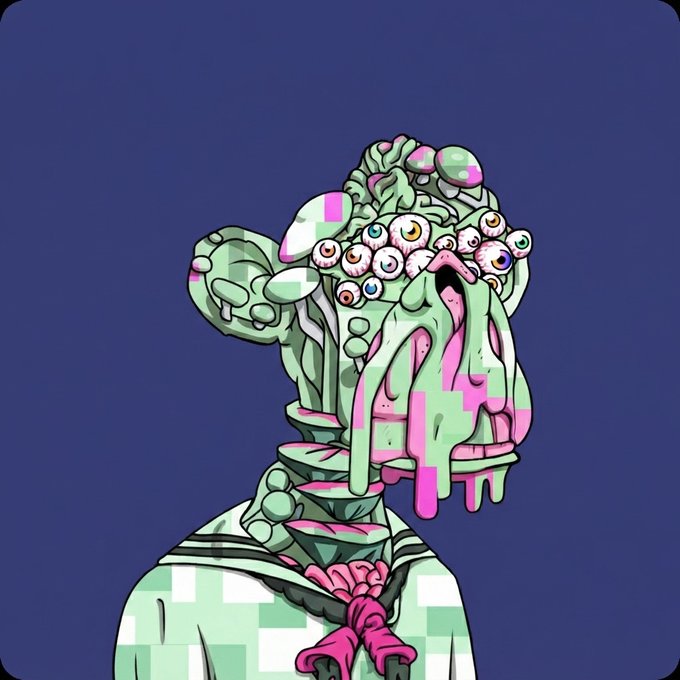 A cartoon-style digital illustration of a grotesque, surreal character with multiple eyeballs on its face and green, pixelated, melting features against a dark purple background.