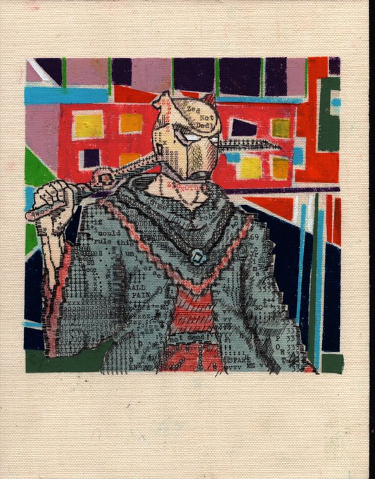A mixed-media artwork resembling a vintage stamp, featuring an illustration of a figure with text reading 'See Not Deely' and background text incorporating numbers and newspaper-style print.