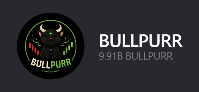 The image displays a logo for "BULLPURR" featuring a black cat with green horns against a green circular background with candlestick chart elements, alongside text reading "BULLPURR" and "9.91B BULLPURR." This branding aligns with the airdrop promotion offering 125,000 $BULLPURR tokens to the first 500 wallets that share their Solana address.