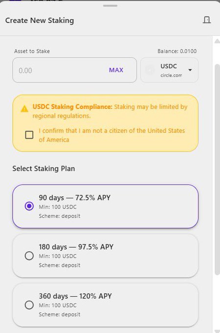 The image shows a "Create New Staking" interface for USDC, displaying a balance of 0.0100 and three staking plan options: 90 days at 72.5% APY (selected), 180 days at 97.5% APY, and 360 days at 120% APY, each requiring a minimum of 100 USDC. This illustrates the Sl8 Staking concept from the post, visually demonstrating how users can put their idle crypto holdings to work by choosing a lock-up period and earning tiered APY rewards instead of letting their assets sit unused.