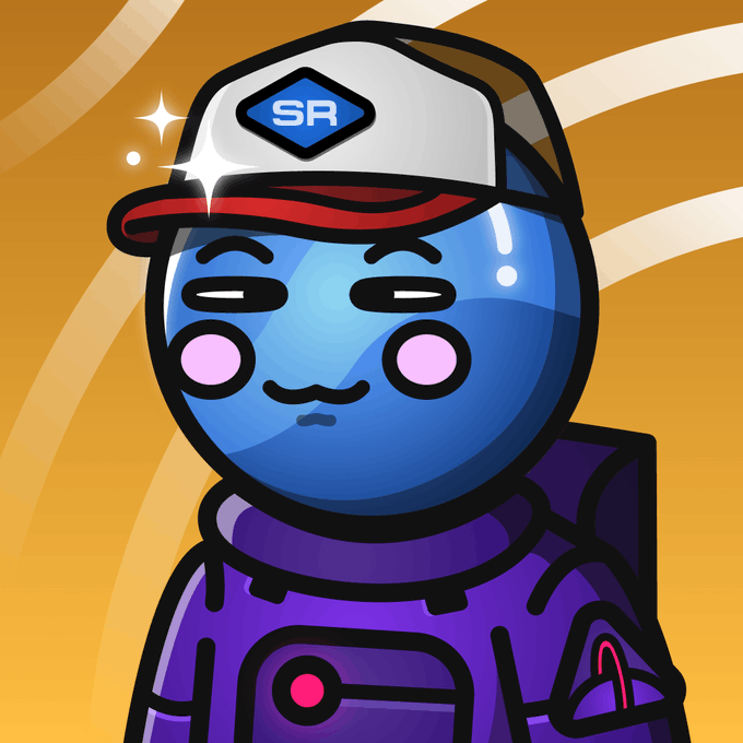 The image features a cartoon character, likely an astronaut or space ranger, wearing a purple suit with a backpack attached to their back. The character has a white hat with blue stars on it and appears to be looking off into the distance. In the background, there are orange lines that appear to be waves, adding depth to the scene. The image also contains text that reads "Space Riders #227 just sold for 0.0396 WETH". This suggests that the character is a valuable item or piece of merchandise related to space exploration or adventure.