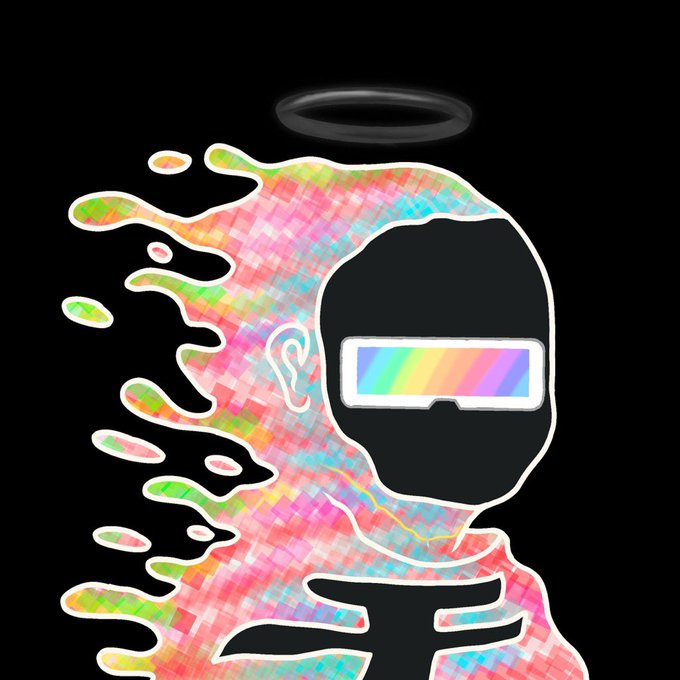 A digital artwork featuring a black silhouette of a head wearing a VR headset, with the body dissolving into colorful pink, green, and blue pixelated flames, topped with a halo on a black background.