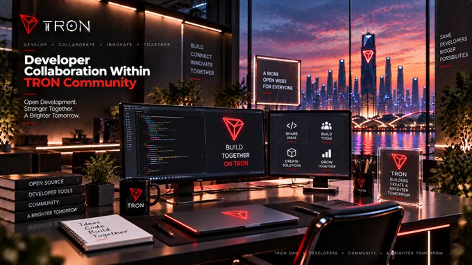 A promotional banner for the TRON developer community reading 'Developer Collaboration Within TRON Community' and 'BUILD TOGETHER ON TRON', displayed in a futuristic workspace overlooking a neon city skyline.