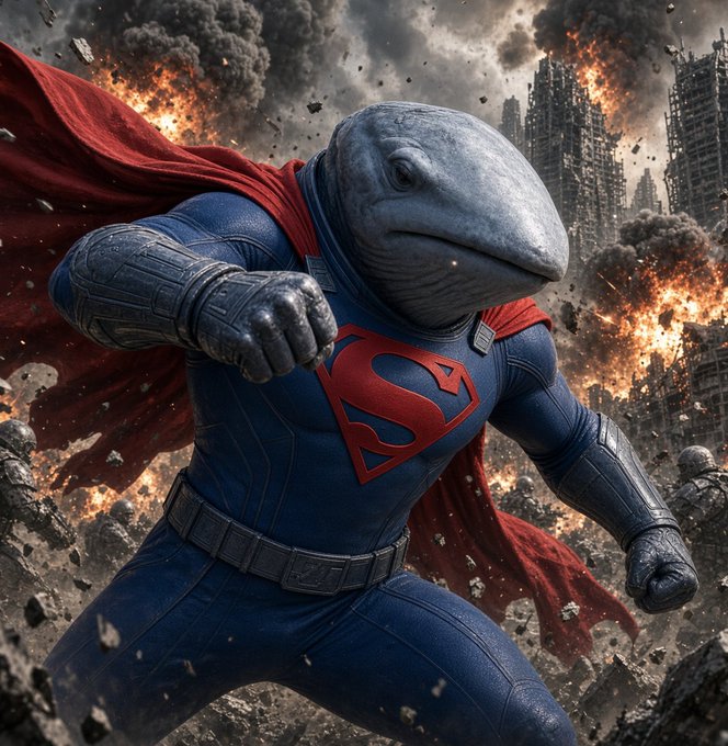A digital artwork of a humanoid creature with a whale-like head wearing a Superman costume, posed in front of a destroyed, fiery cityscape.
