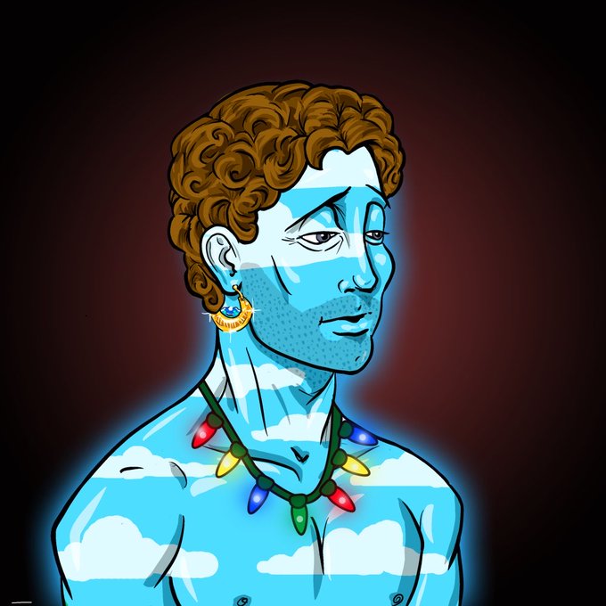A digital illustration of a shirtless male figure with curly brown hair, a golden earring, and a Christmas light necklace, his skin and clothing rendered in a sky-blue pattern with white clouds.