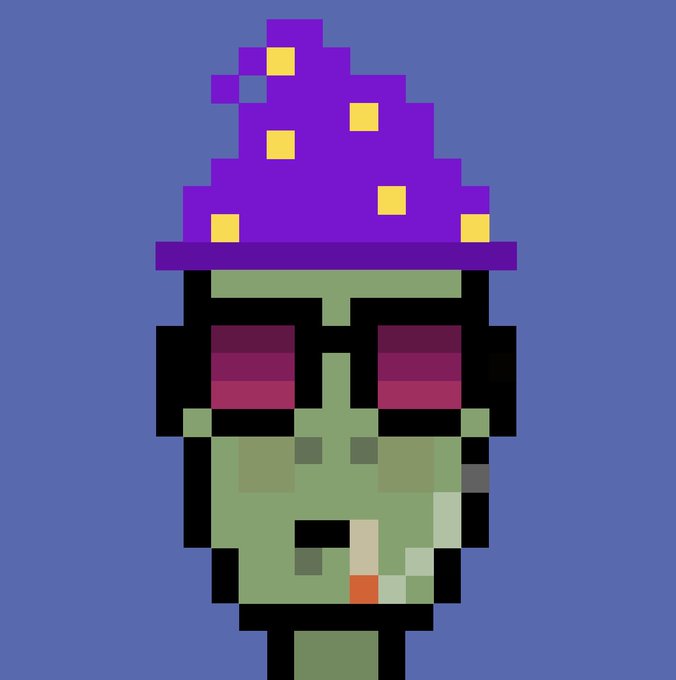 A pixel art character depicting a green zombie wearing a purple wizard hat decorated with yellow stars against a blue background.