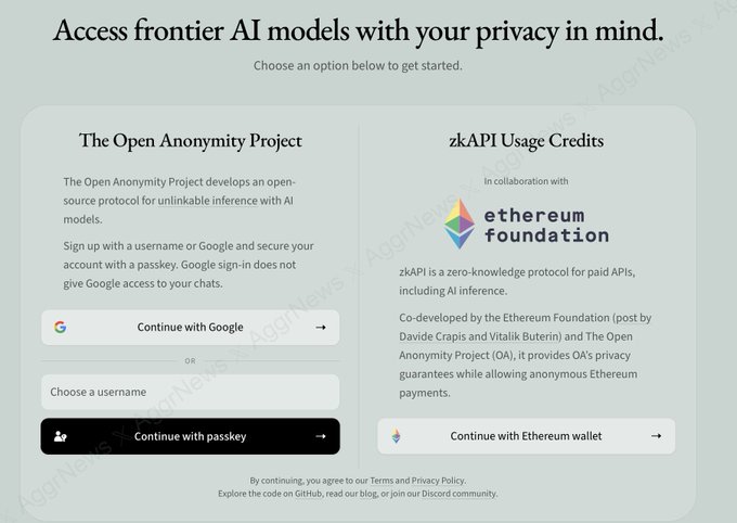 A login screen for "The Open Anonymity Project," featuring options to sign in via Google, a passkey, or continue with an Ethereum wallet, highlighting its collaboration with the Ethereum Foundation on "zkAPI Usage Credits" for paid AI inference. The image serves as the access point for the newly launched zkAPI service, which enables privacy-preserving API payments and anonymous AI inference as described in the accompanying post.