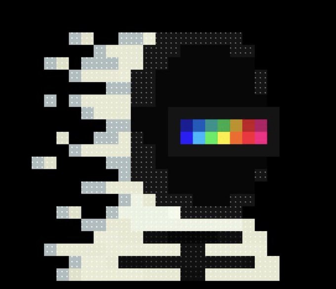 A pixel art depiction of a face with a rectangular rainbow-colored bar across the eyes, set against a black background.