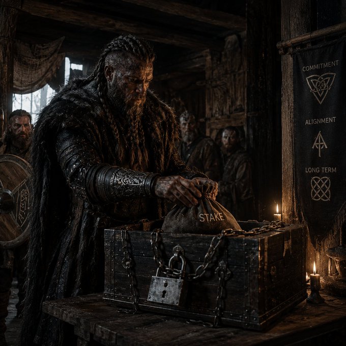 A Viking warrior secures a "STAKE" inside a locked, chained chest beside a banner displaying principles of "COMMITMENT," "ALIGNMENT," and "LONG TERM," visually reinforcing the post's argument that subnet holders should demonstrate similar conviction through lock-up periods to match the commitment expected of subnet owners in Bittensor ($TAO).