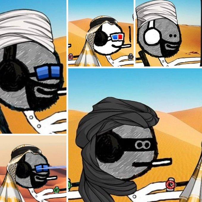 A four-panel comic featuring cartoon characters with turbans and 3D glasses in a desert setting, appearing to be in a 'dune' parody scene.