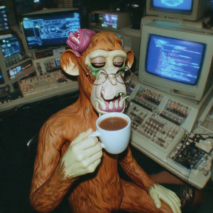 A whimsical photograph of a sculpted monkey figure with glasses and a bow on its head, holding a coffee cup in front of vintage computer monitors displaying blue screens.