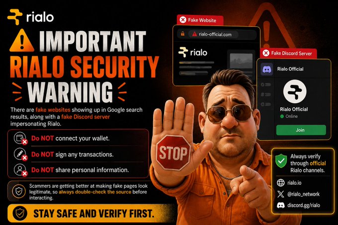 An 'IMPORTANT RIALO SECURITY WARNING' graphic warning users about fake websites and fake Discord servers, featuring a 3D character holding a STOP sign, with verification links to rialo.io, @rialo_network, and discord.gg/rialo.