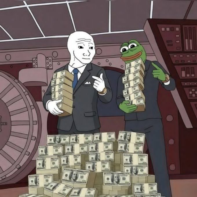 A cartoon illustration depicting two figures in suits holding stacks of cash, surrounded by piles of money; one figure has a white generic meme face while the other is a green Pepe the Frog character, set inside what appears to be a vault.
