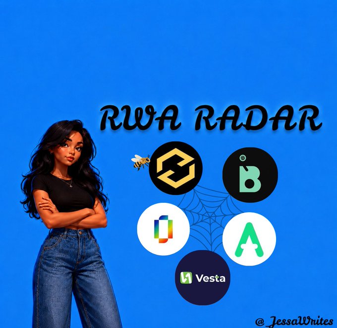 A graphic titled 'RWA RADAR' features a cartoon woman in jeans alongside various crypto/web3 logos including Vesta, with the watermark '@JessalWrites'.