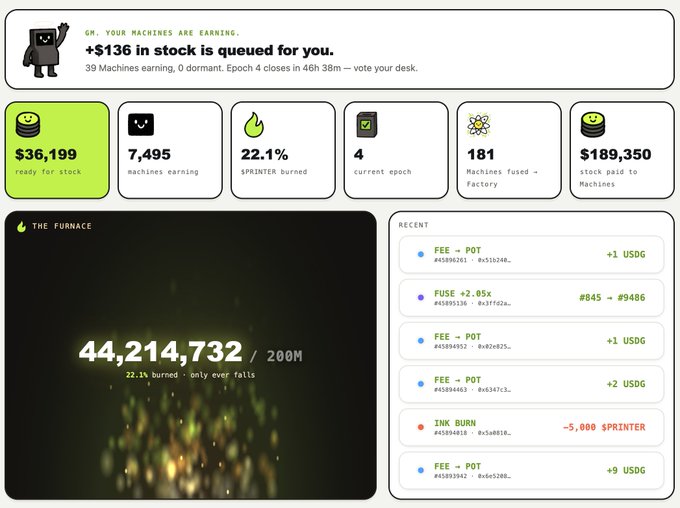 A dashboard interface showing stats including '$36,199 ready for stock', '7,495 machines earning', '22.1% sprinter burned', '4 current epoch', and '181 machines fused', along with a 'FURNACE' counter at 44,214,732/200M and recent transaction log.