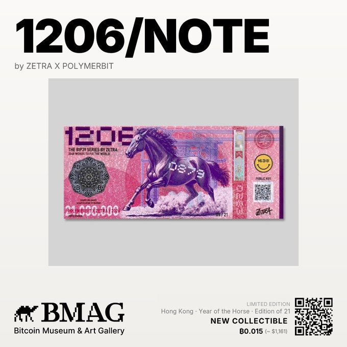 A promotional graphic for BMAG (Bitcoin Museum & Art Gallery) features a '1206/NOTE' collectible bill designed by Zetra x Polymerbit, depicting a galloping horse for a Hong Kong Year of the Horse limited edition, priced B0.015 (~$1,161).