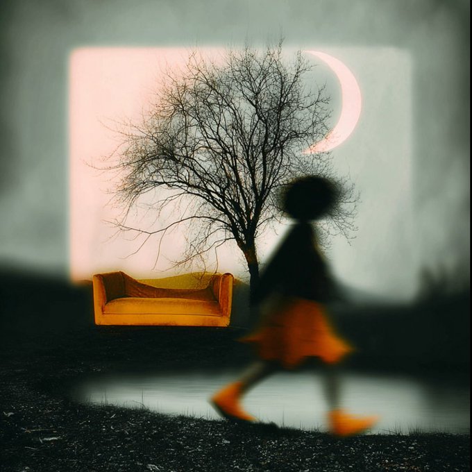 A surreal, dreamlike scene featuring a silhouetted figure with an afro and orange skirt walking past a bare tree, an orange couch, and a crescent moon against a pink and dark background.