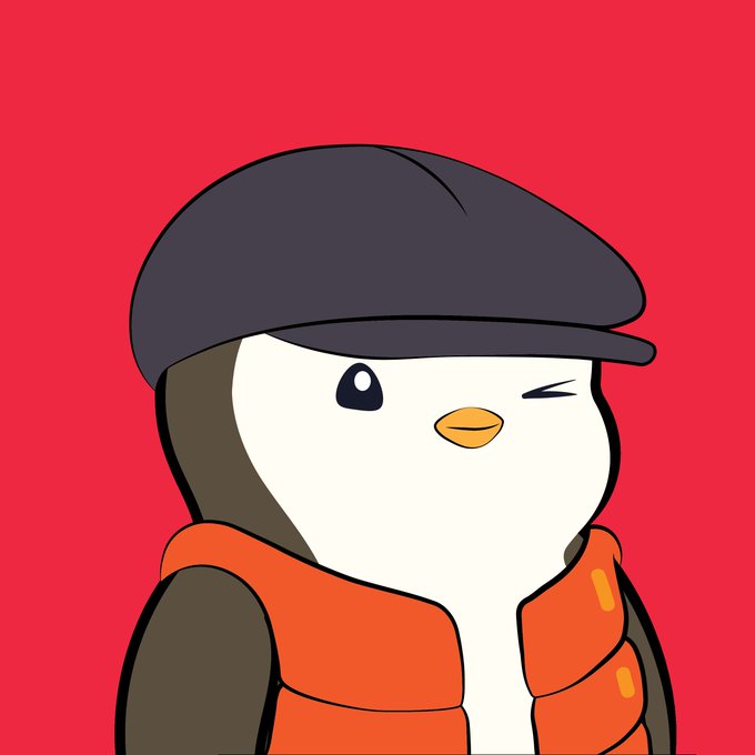 A cartoon penguin wearing a dark cap and orange puffer vest winks against a red background, representing the recently purchased Pudgy Penguin #610 NFT for 3.700 ETH.