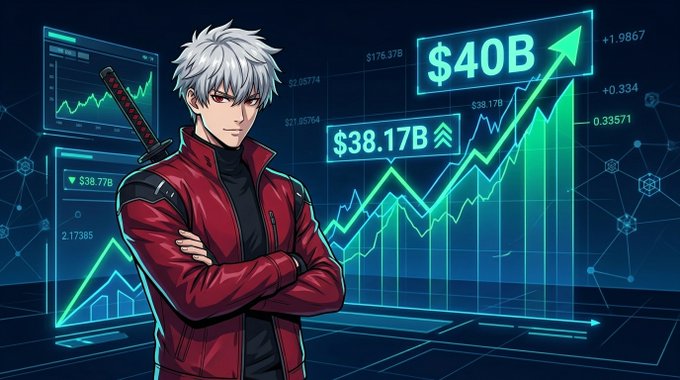 Anime-style character with white hair, red eyes, and a red leather jacket standing in front of digital financial charts showing $40B and $38.17B figures.
