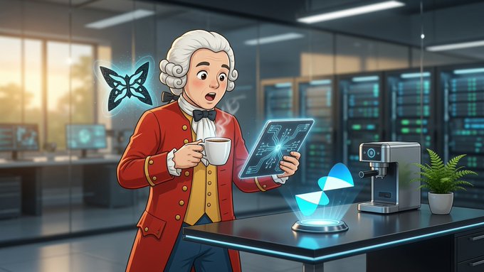 A cartoon-style illustration of a man in 18th-century attire (red coat, powdered wig) holding a coffee cup in a modern tech office, interacting with holographic elements including a butterfly, circuit board, and a glowing blue crystal.