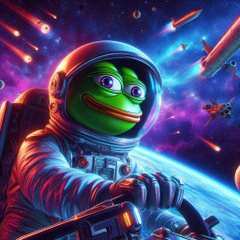 A cartoon Pepe the Frog in an astronaut suit pilots a spacecraft through a cosmic battlefield filled with missiles and celestial debris, capturing the adventurous spirit of "Pepecoins the next frontier!" by framing the iconic meme as a fearless space explorer venturing into uncharted territory.