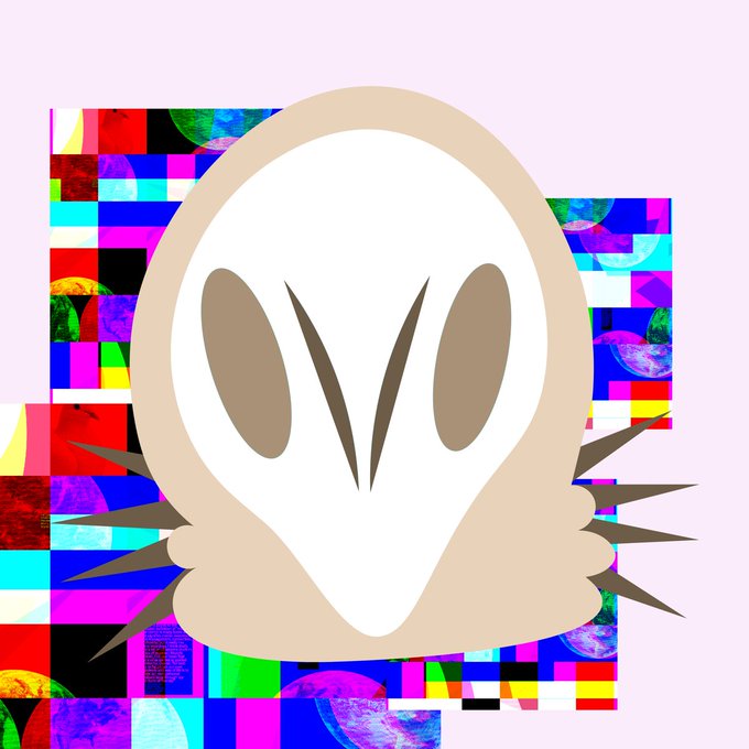 A digital artwork featuring a white, ghost-like or skull-like figure with large oval eyes and spike-like protrusions, set against a colorful TV static test pattern background.