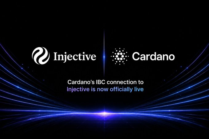 A promotional graphic with a black background featuring blue light streaks displays the logos of Injective and Cardano side by side, with text announcing 'Cardano's IBC connection to Injective is now officially live'.