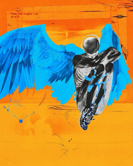 An artistic illustration features a figure with large blue angel wings and a dark, muscular body posed against a vibrant orange background, with the text 'when the angels are silent' in the upper left corner.