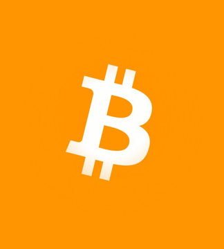 The image shows the Bitcoin logo (₿) in white against a vibrant orange background. This visual perfectly complements the post celebrating Bitcoin's price surge to $73,000, with the iconic ₿ symbol representing the cryptocurrency's bullish movement.