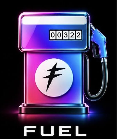 A neon-lit futuristic gas pump displays the counter "00322" alongside a lightning bolt logo, with "FUEL" written below, visually reinforcing the pump.fun meme coin's gas-themed branding for the "$FUEL" token launch announced in the post.