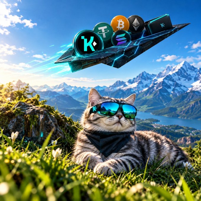 A digital illustration shows a tabby cat wearing blue sunglasses and a bandana, lying in grass with a futuristic flying craft carrying cryptocurrency tokens (K, ₿, etc.) above it, set against a mountainous landscape.