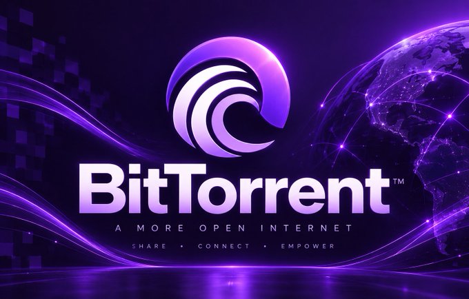 A promotional graphic for BitTorrent featuring the company logo with the tagline 'A MORE OPEN INTERNET' and 'SHARE • CONNECT • EMPOWER' against a purple globe background.