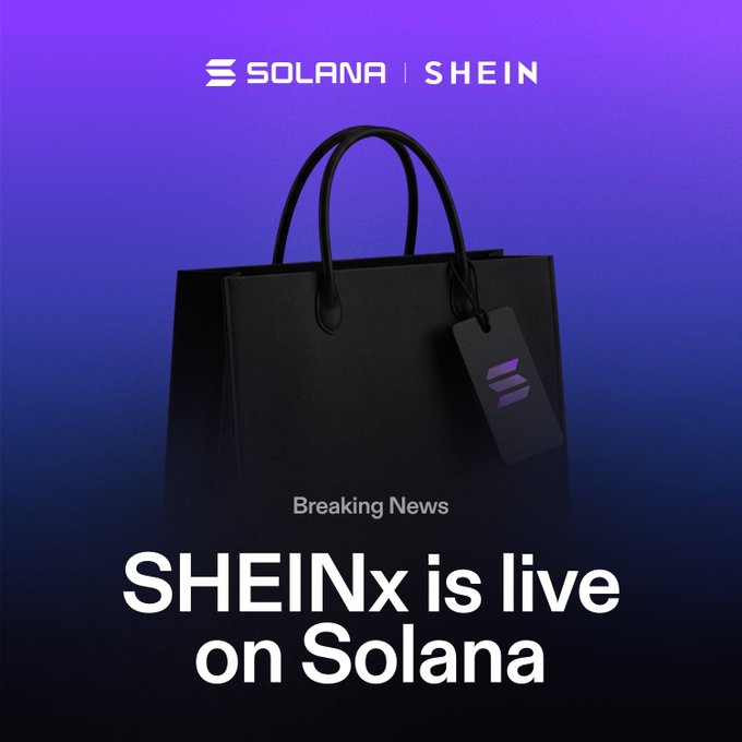 A promotional graphic with a purple gradient background displays the Solana and SHEIN logos at the top, a black shopping bag featuring a Solana-branded tag in the center, and the text "Breaking News: SHEINx is live on Solana" at the bottom, announcing the fashion retailer's integration with the Solana blockchain via xStocksFi.