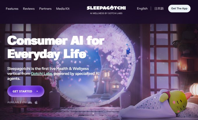 A website landing page for 'SLEEPAGOTCHI - AI Wellness by Gotchi Labs' featuring the headline 'Consumer AI for Everyday Life' and a purple-toned illustration with a character in the corner.