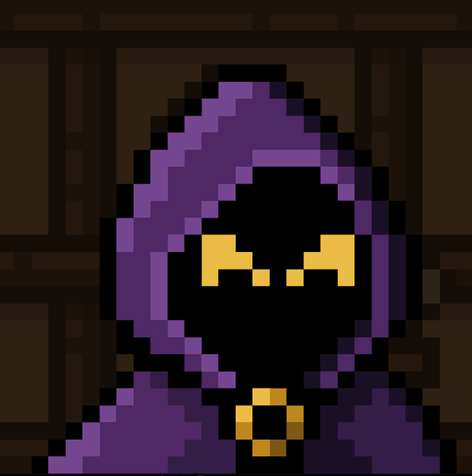 Pixel art of a hooded purple-robed figure with glowing yellow eyes and a small mouth, set against a brown tiled background.