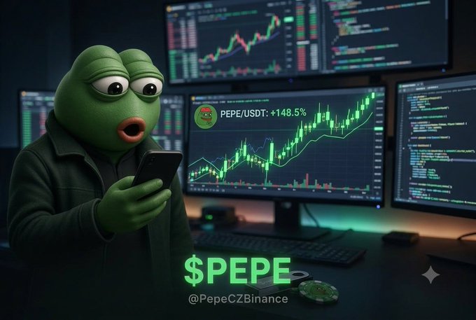 Pepe the Frog meme character looking shocked at a phone, with background monitors showing a $PEPE/USDT chart with +148.5% gain and the handle '@PepeCZBinance'.
