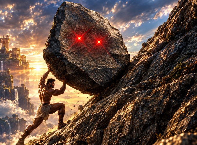 A fantasy digital illustration of a muscular man pushing a massive boulder up a rocky mountain, with the boulder having glowing red eyes and a classical city visible in the background at sunset.