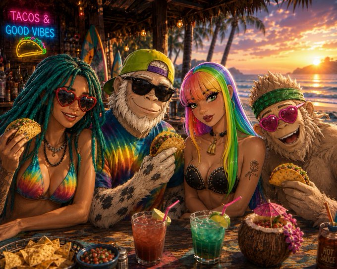 A vibrant digital artwork depicts a woman with teal dreadlocks, a chimpanzee in a tie-dye shirt, a rainbow-haired woman, and a furry yeti-like creature enjoying tacos and tropical drinks at a beach bar under a 'TACOS & GOOD VIBES' neon sign.