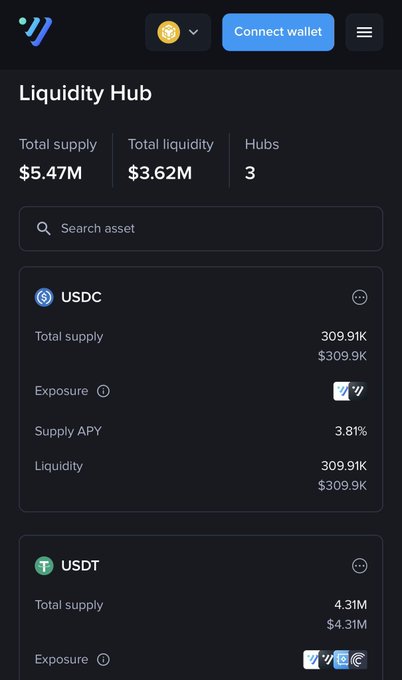 A screenshot of the 'Liquidity Hub' interface showing a Total supply of $5.47M and Total liquidity of $3.62M across 3 hubs, listing USDC with a 3.81% Supply APY and USDT.