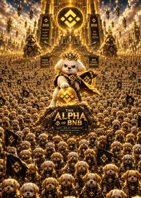 The image depicts a regal Shih Tzu dog wearing a golden crown and royal cape, standing on a pedestal while holding a golden coin with the Binance logo, surrounded by a vast army of similarly adorned puppies. Text reads "THE ALPHA OF BNB," "BNB STRONGER, FASTER, BIGGER TOGETHER," "BNB THE REAL ALPHA," and "LEGACY • BUILT BY DOMINATE • TOGETHER BY BILLIONS," reinforcing the meme of $SHIH being the "alpha dog" of the BNB Chain community.