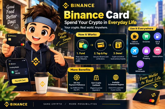A promotional graphic for the 'BINANCE Card' showing an anime-style character holding the card, with sections explaining how it works, its benefits, and where it can be used.