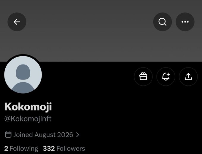 A Twitter/X profile page for Kokomoji (@Kokomojinft), showing "2 Following" and "332 Followers," joined August 2026.