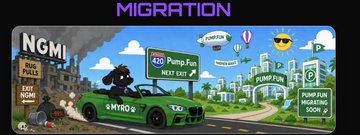 A green car with a dog driving it, traveling down an interstate highway surrounded by buildings and signs for "MIGRATION" and "MYRO". The text above the car reads "The migration portal is now open Migration Portal: migrate.fun/project/mig184 How to migrate tutorial:".