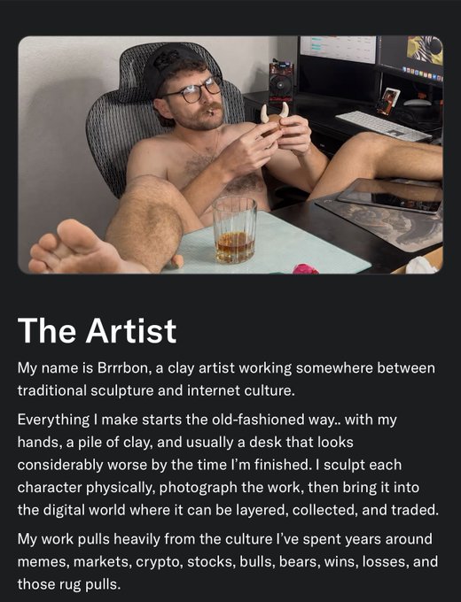 The image features a "The Artist" profile card for Brrrbon, a clay artist who sculpts characters by hand and brings them into digital art and collectibles like ordinals, with the artist shown shirtless at his desk next to a glass of brown liquor. The post celebrates his new "clay stonks" mint trading at 0.0042E on RunesHub, highlighting him as an OG on ordinals creating the first real clay art on the platform.