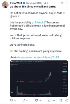 A tweet by Evca Wolf (@evcawolfCZ) expressing bullish sentiment about $WALLET potentially becoming Robinhood's official token, with a Dexscreener chart link and notes about a 16x increase in 4 days.