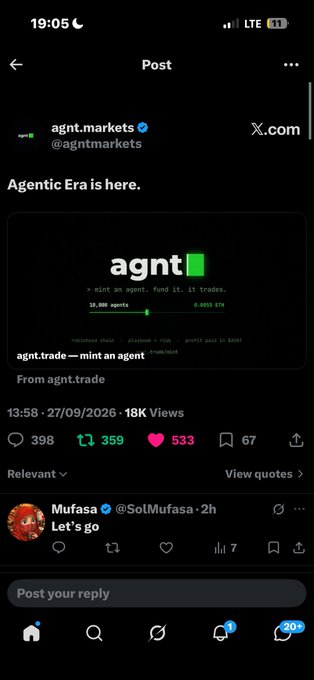 A screenshot of an X (formerly Twitter) post from @agntmarkets announcing 'Agentic Era is here' with promotion for agnt.trade, showing 18K views and engagement metrics.
