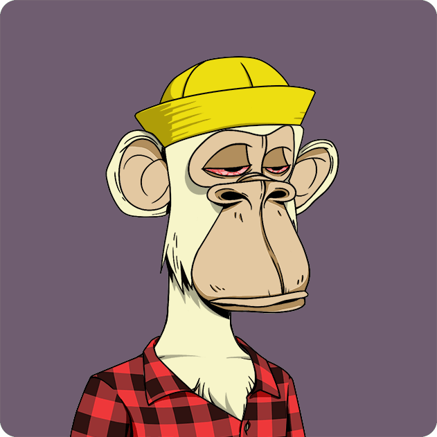 A cartoon NFT-style illustration of a bored-looking monkey wearing a yellow cap and a red plaid shirt against a gray background, resembling a Bored Ape Yacht Club character.