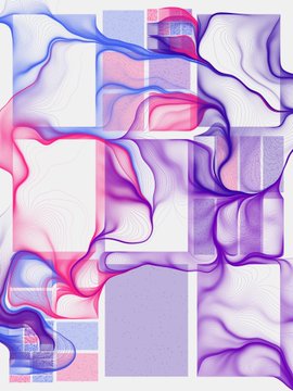 An abstract digital artwork featuring flowing, wavy patterns in blue, purple, and pink tones layered over geometric rectangular shapes.