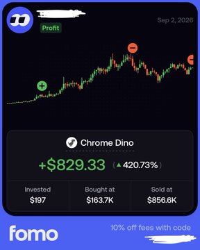 A screenshot from the FOMO trading app dated September 2, 2020, shows a "Chrome Dino" investment with a profit of +$829.33 (+420.73%), where the user invested $197, bought in at $163.7K, and sold at $856.6K, illustrating the user's brag about a sudden gain while they admit the app has also caused them significant losses.